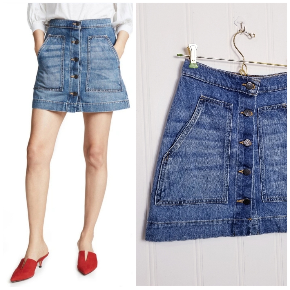 Veronica Beard Getty Denim Mini Skirt 24 Button Front Y2K Boho Chic Cotton
